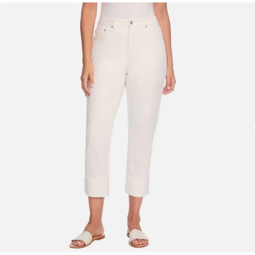 Frye White Denim Jeans with Tan Leather Patch